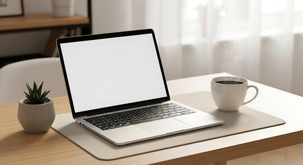 Fototapeta premium Laptop on desk with coffee and plant.