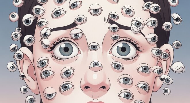 Person's Face Covered in Eyes, Surreal Concept of Being Watched