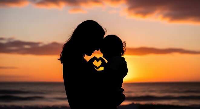 Silhouette of mother and child making heart shape at sunset beach mother's day background wallpaper poster banner download 2026 2027