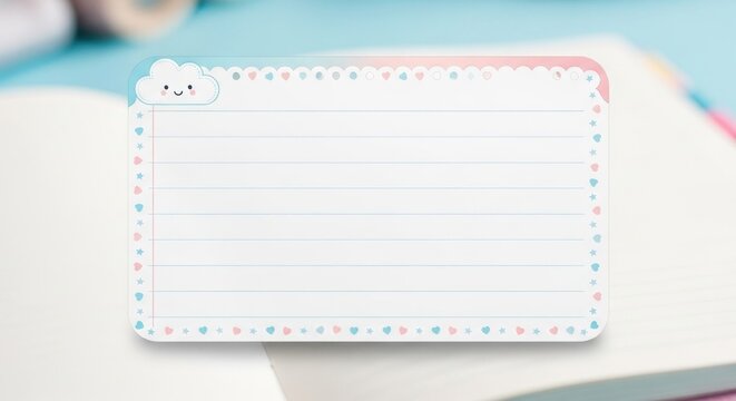 A close-up of a lined notepad with a pastel polka dot border and cute cartoon corner on an open book