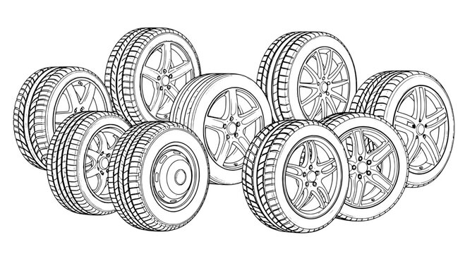 Tires stacked set with various wheel designs and treads for automotive use featuring wheels, car, vehicle with vehicle accessories and car