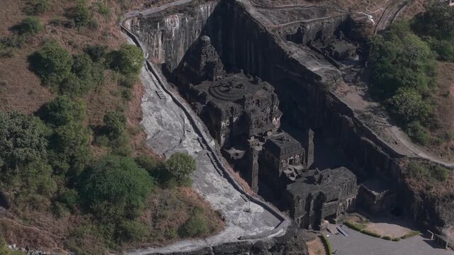 Aerial Drone View of Ellora Caves Kailasa Temple, Maharashtra, India