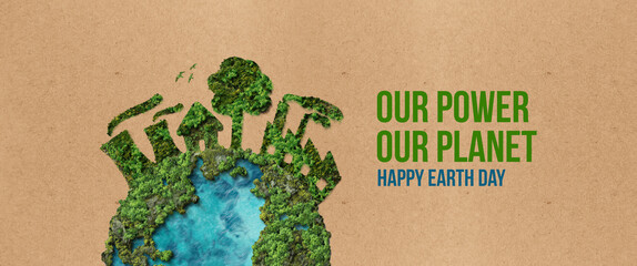 Our power, our planet. Earth day 2026 concept background. Ecology concept. Design with globe map...