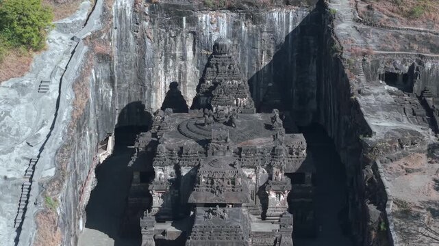 Aerial Drone View of Ellora Caves Kailasa Temple, Maharashtra, India