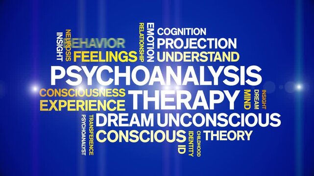 Psychoanalysis Therapy animated word cloud-text design animation tag kinetic typography seamless loop.