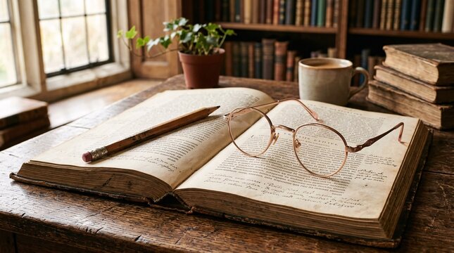 Vintage eyeglasses with polished rose gold frames placed gently on weathered pages of an antique open book near wooden pencil on rustic desk.