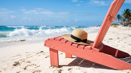 Fototapeta premium Woven straw hat with black ribbon rests on vibrant coral pink beach chair against crashing ocean waves, soft white sand and a clear sky.