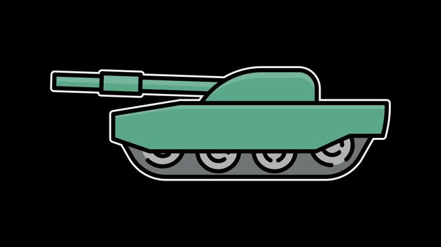 Seamless loop animation of a green military tank with a moving cannon barrel. 4K army armored vehicle on alpha channel transparent background for war and heavy combat motion graphics