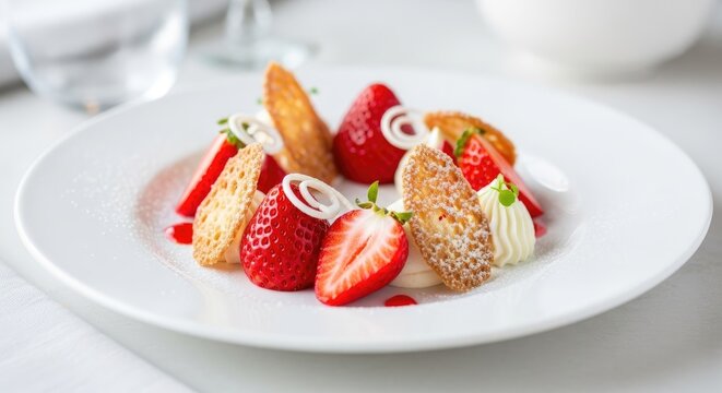 A delectable dessert featuring strawberries, cream, and a delicate pastry crust.