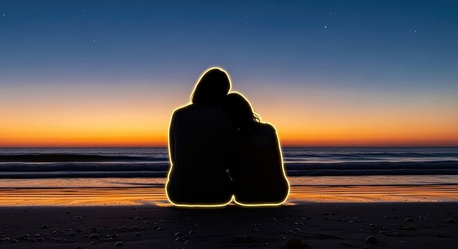 Silhouette of mother and child sitting on beach at sunset mother's day background wallpaper poster banner download 2026 2027 1