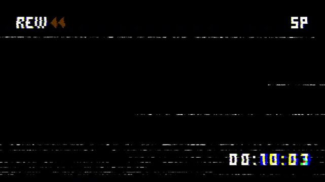 Grainy vhs tape REW display with static and a timer suitable for retrothemed projects, vintage design elements, nostalgiainspired content creation.