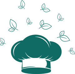 Fototapeta premium Minimalist vector icon chef hat with floating leaf motifs eco friendly cooking concept clean dark green single color modern culinary symbol design