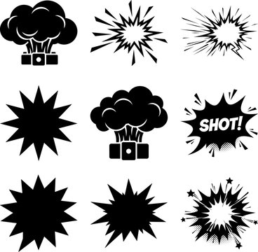 Collection of comic book explosion and camera burst effects in black