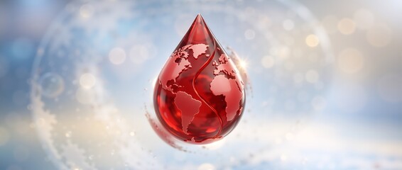 3D rendered red blood drop with world map. Global blood donation and international healthcare concept. Abstract medical symbol