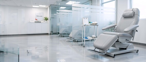 Empty grey medical donation chair in a modern clinic. Pristine hospital room prepared for blood donor procedure. Clean healthcare facility interior