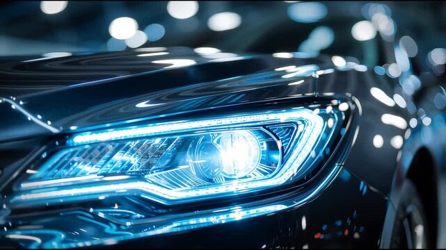 Close up of modern car headlight with blue LED glow on night road