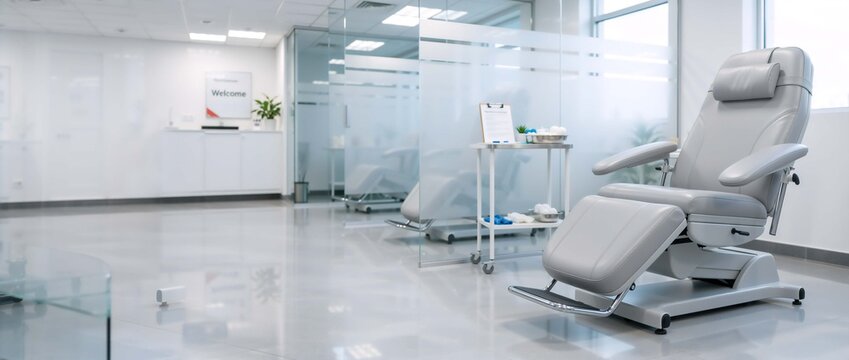 Empty grey medical donation chair in a modern clinic. Pristine hospital room prepared for blood donor procedure. Clean healthcare facility interior