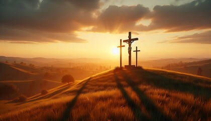 Obraz premium A Christian cross on a hill at sunset