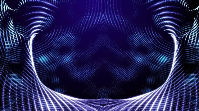 Abstract glowing blue wave particles forming a symmetrical pattern on dark background