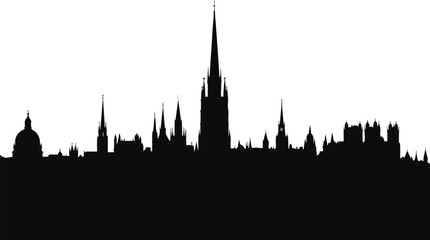Naklejka premium Monochromatic silhouette of a city skyline with tall spires and domes black and white high rise cityscape