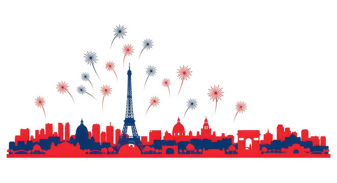 Paris city skyline with Eiffel Tower and fireworks