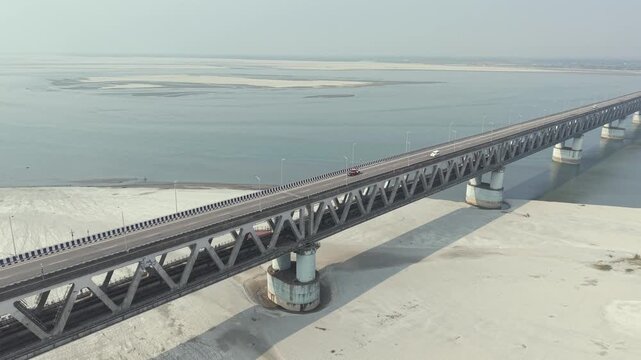 Aerial View of Brahmaputra River Bridge with Sandbars in Assam and Arunachal Pradesh India