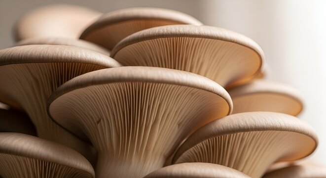 Close up of fresh organic oyster mushrooms with visible gills.