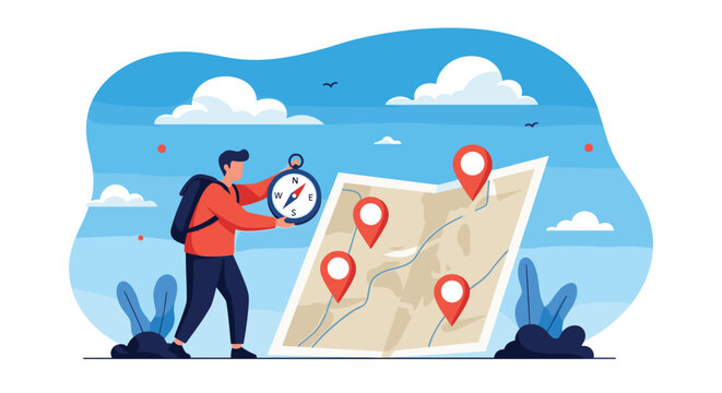 adventurous hiker holding a compass and exploring a map with multiple location pins against a scenic blue sky with clouds.