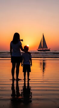 Silhouette of mother and son on beach at sunset with sailboat mother's day background wallpaper poster banner download 2026 2027