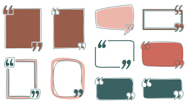 Set of colorful speech bubbles and quote frames with hand drawn outlines for social media posts in flat vector graphic style