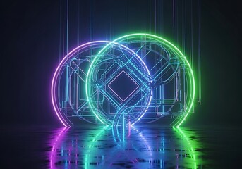 Fototapeta premium Abstract digital art of two glowing circles with neon light effect
