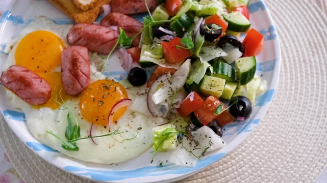 Top View Healthy Breakfast with Eggs Sausage and Fresh Salad Video