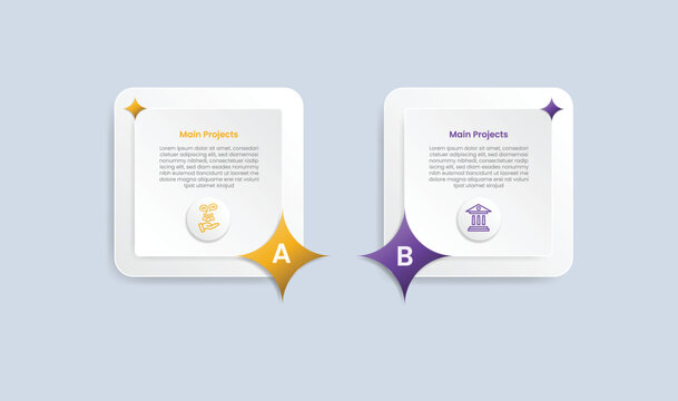 square base shape infographic with glossy gradient style with star blinking shape with double layer with two segment information
