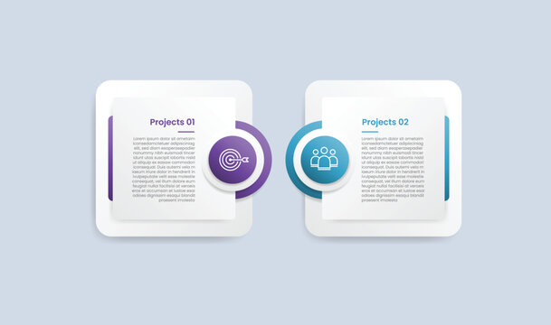 square base shape infographic with glossy gradient style with round base with circle badge on opposite position with two segment information
