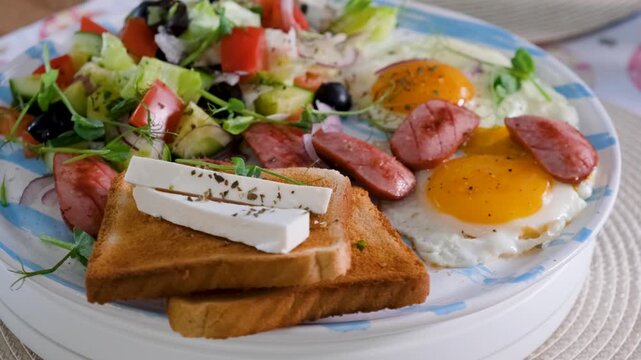 Fresh Homemade Breakfast with Eggs Sausage and Salad Motion