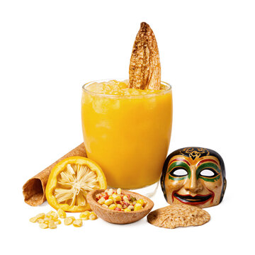 Morocho espumilla mask Ecuadorian sweet corn drink with waffle cone and carnival mask isolated on transparent background