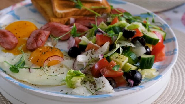 Closeup Breakfast Scene with Fried Eggs and Sausage Video