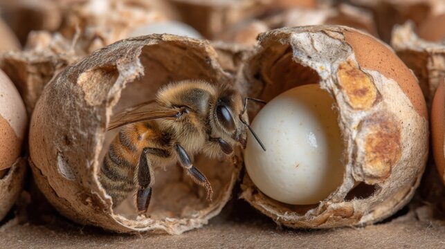 Mature worker bee meticulously cleaning a delicate egg cell within a honeybee hive, showcasing essential colony care.