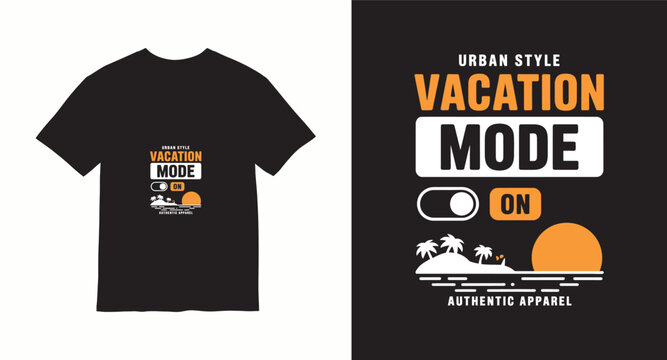 Urban style vacation mode on t-shirt design with sunset and palm trees, authentic apparel print.