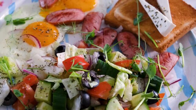Healthy Morning Meal with Eggs Toast and Salad Top View