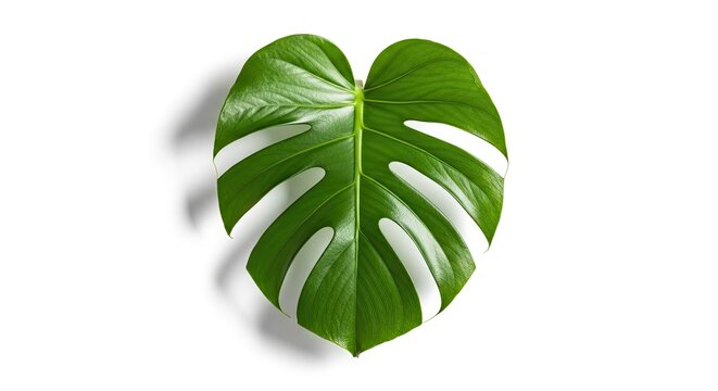 A vibrant green monster leaf with intricate white veins and a glossy texture, set against a stark white background.