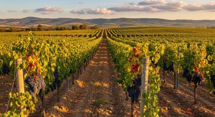 Fototapeta premium Vineyard Rows with Grapes and Mountains.