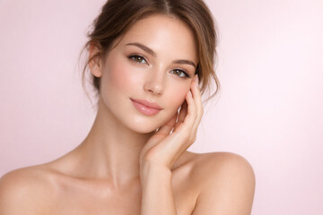 Fototapeta premium Close up portrait of young woman with flawless skin and natural makeup, highlighting beauty, skincare, wellness, and self care with soft lighting and minimal background for cosmetic branding