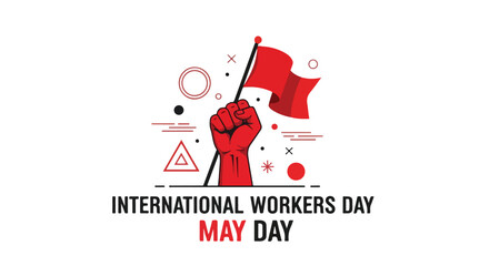 Fototapeta premium International Workers Day May Day labor day celebration with raised fist and flag in flat vector style for sticker pack