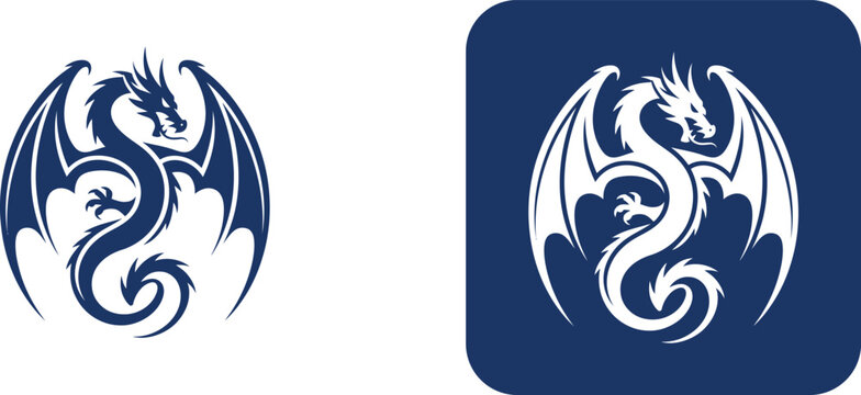 Blue dragon silhouette on white and dark blue backgrounds