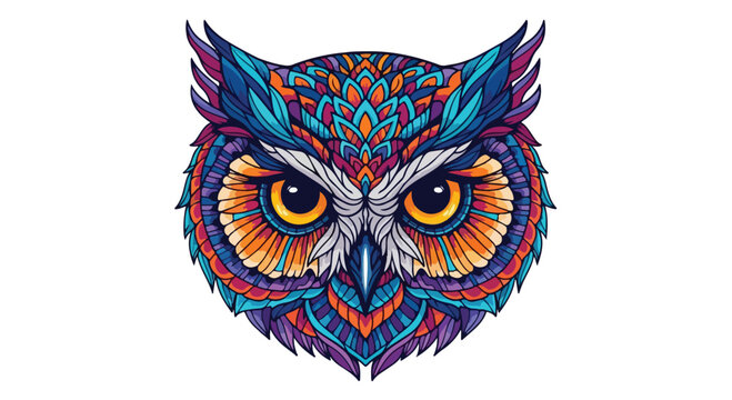 Intricate mandala owl head vector illustration, colorful tribal bird face with geometric patterns, psychedelic owl portrait for t-shirt design
