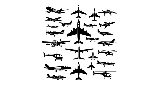 Collection of Silhouetted Aircraft and Helicopters.