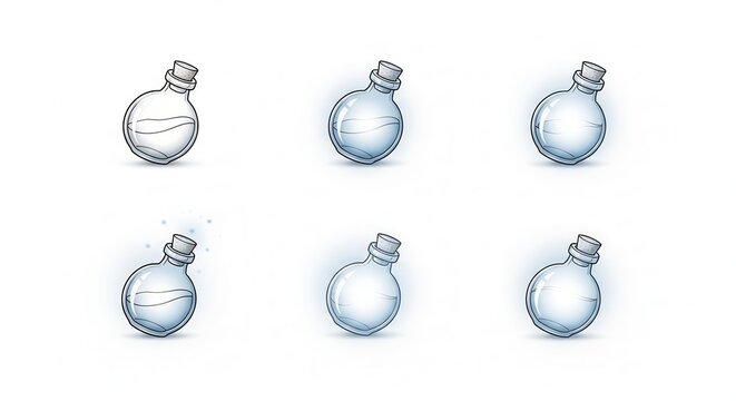 Set of six potion bottles, empty and filled with liquid, on a white background
