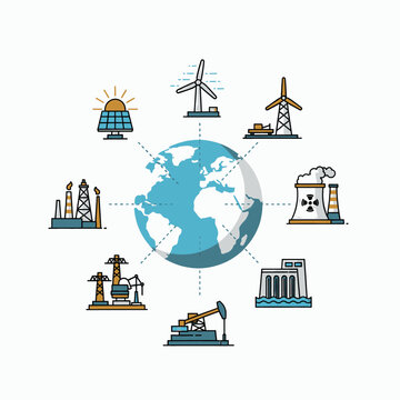 Renewable and non-renewable energy sources surrounding a stylized globe, symbolizing global power generation and distribution