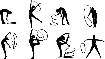 Rhythmic gymnastics silhouettes collection featuring female athlete performing ribbon and hoop routines, showcasing flexibility, balance, elegance, and dynamic motion isolated on white background © MdRaziur